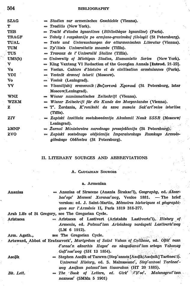 Toumanoff, Studies, Bibliography p. 504